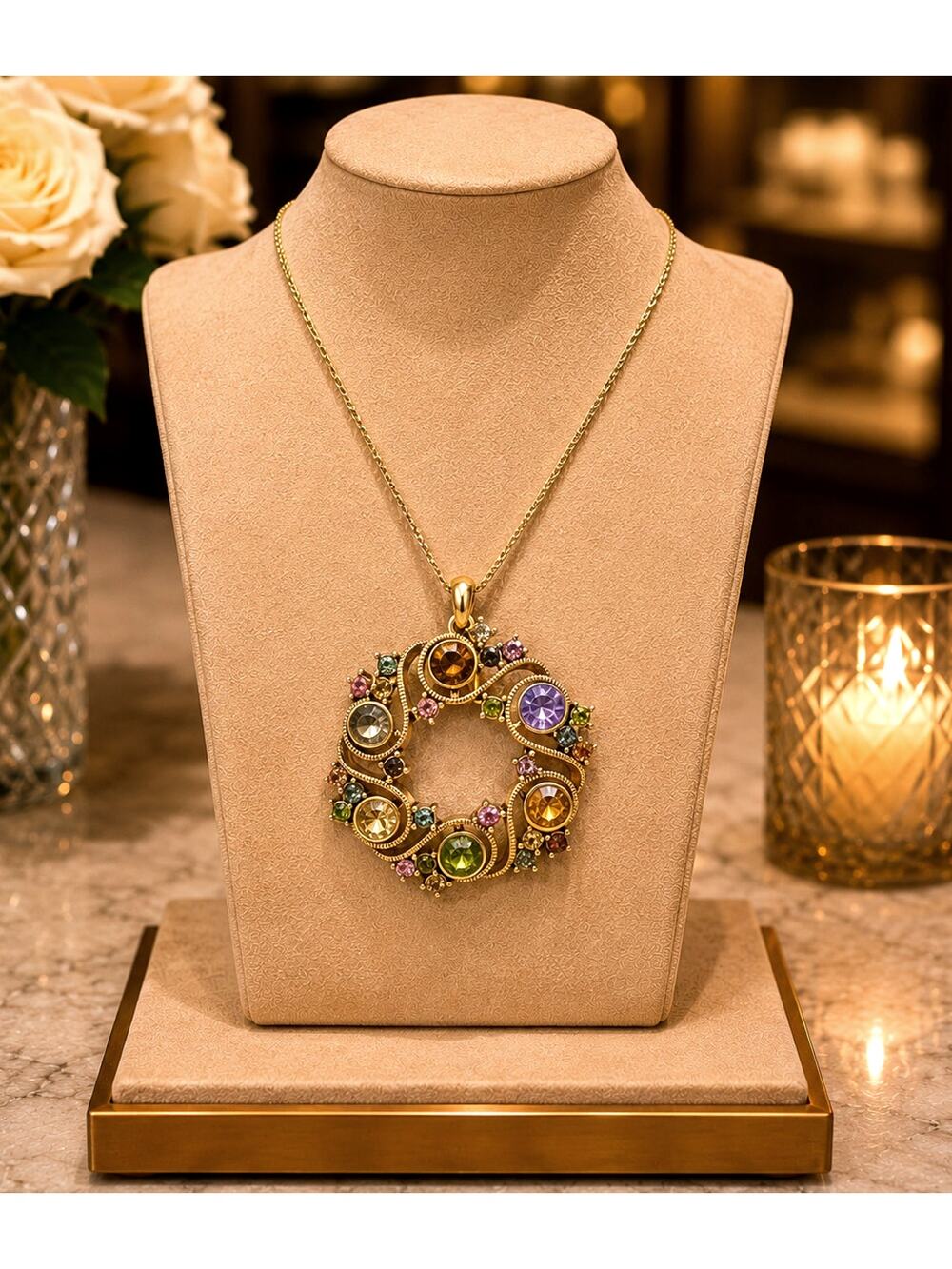 Vintage Monet Rhinestone Wreath Brooch Pin Gold Tone Fall Green Blue Pink Brown